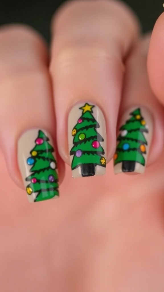 Close-up of Christmas tree nail design with green tree, colorful ornaments on neutral base.